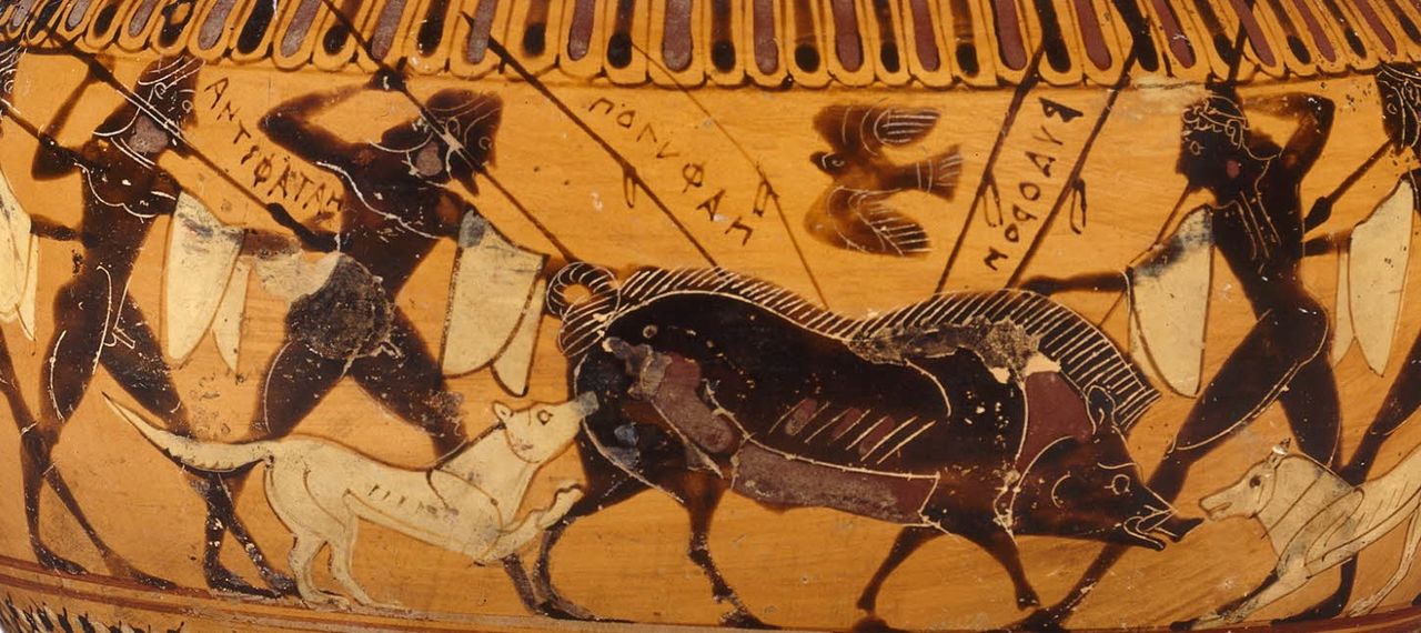 Pottery shard depicting a boar hunt in ancient Greece.