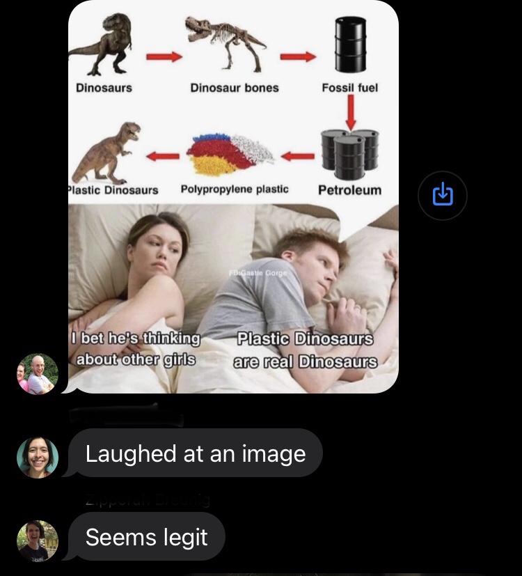 Meme showing a person thinking that plastic dinosaurs are made from real dinosaurs.